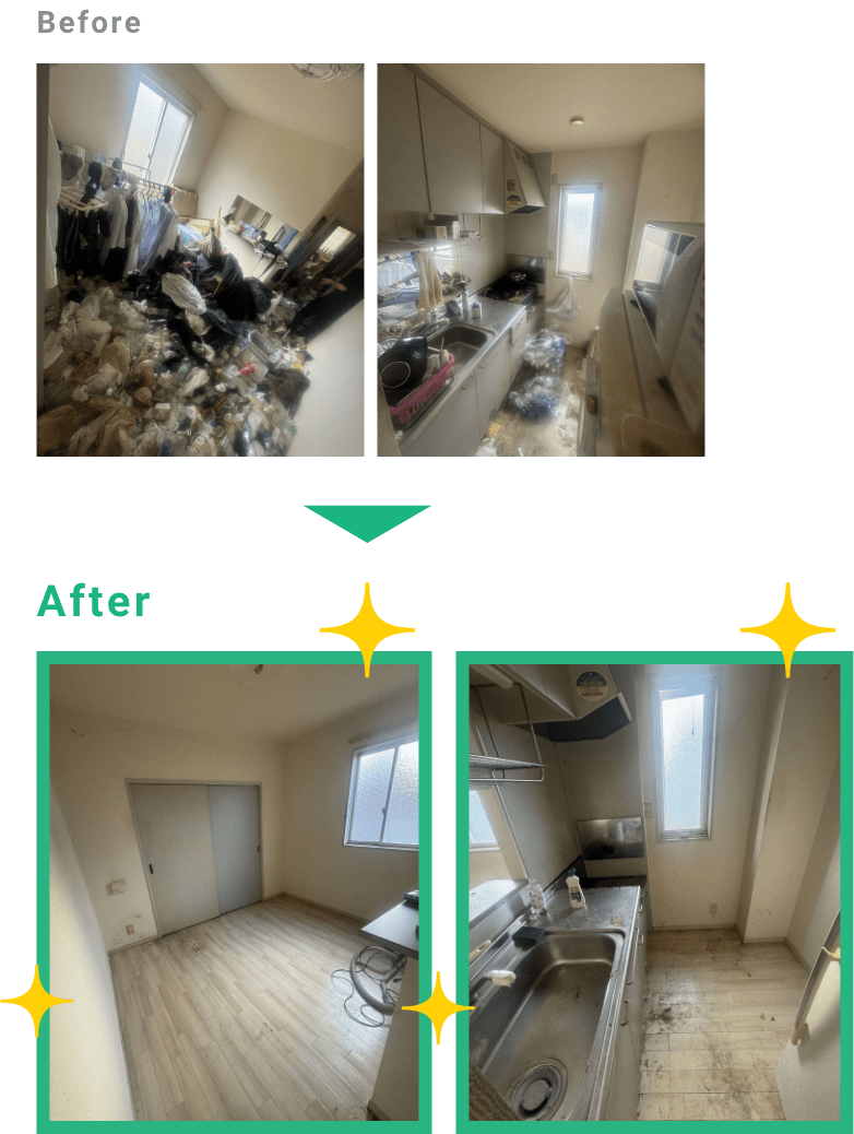 一人暮らしでゴミ屋敷になってしまったお部屋を全てまとめて回収しました。キッチンの不用品も回収し、簡単な清掃まで対応しました。